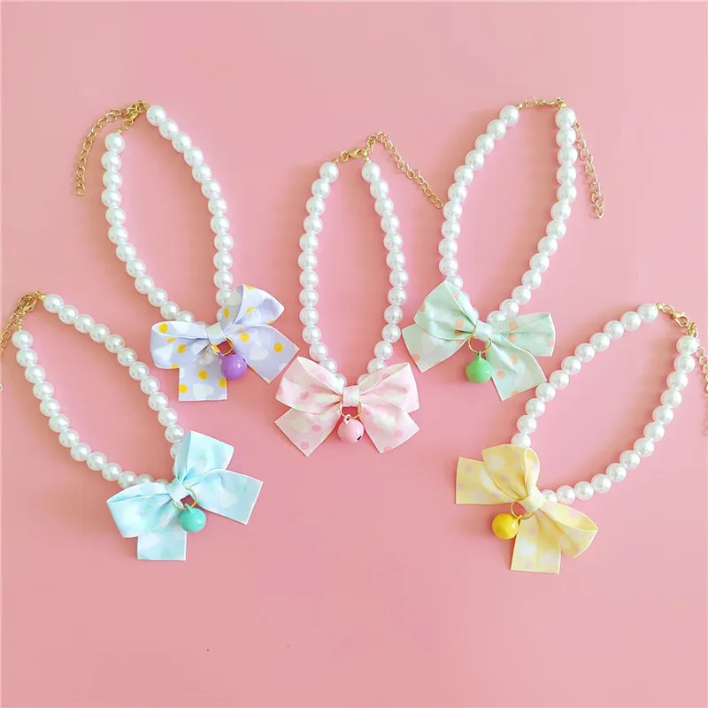 Collar con lazo para gato, Collar de perlas para mascotas, joyería para perros y gatos, campanas, productos para mascotas, regalo de cumpleaños para perros, accesorios de boda - imagen 2