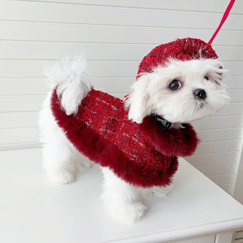 Capa de lana gruesa para mascotas, capa de encaje de felpa, correa para el pecho para gatos, cuerda de tracción, abrigo para perros, ropa para cachorros, ropa para perros pequeños - imagen 4