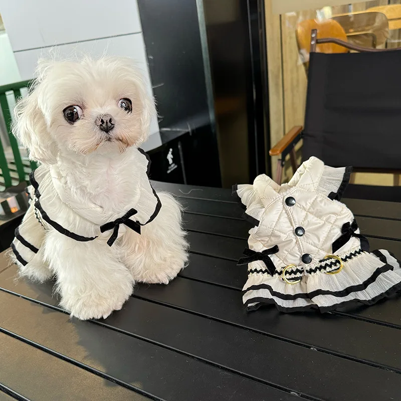 Otoño Invierno chaleco con lazo negro Linda chaqueta de manga voladora conjunto de tracción en el pecho y la espalda para perros Parkas ropa para cachorros para perros pequeños - imagen 3