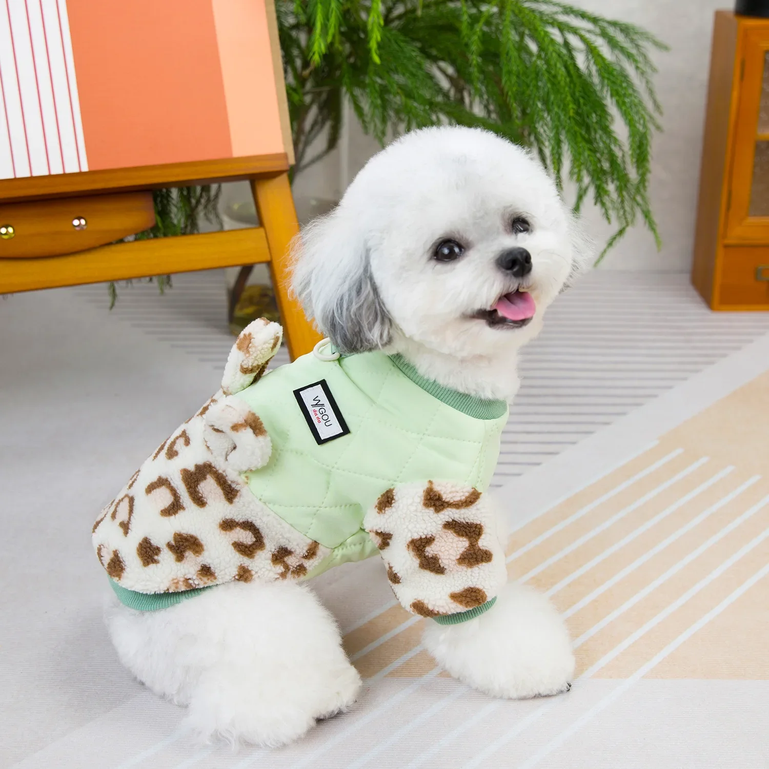Ropa de otoño/invierno para mascotas, abrigo de felpa para mascotas, ropa para perros, ropa para gatos de peluche, patrón de leopardo, pierna empalmada, ropa de algodón para cachorros - imagen 2