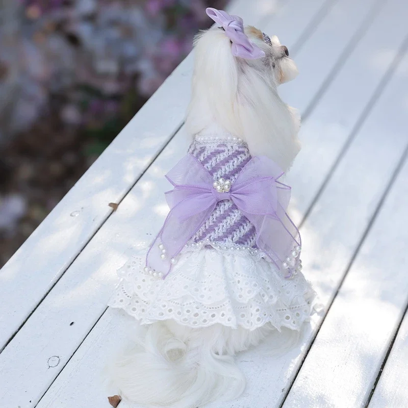 Abrigo a rayas moradas para otoño e invierno, ropa bonita con lazo de malla para perros pequeños, falda bonita de princesa, ropa para mascotas con terciopelo grueso - imagen 2