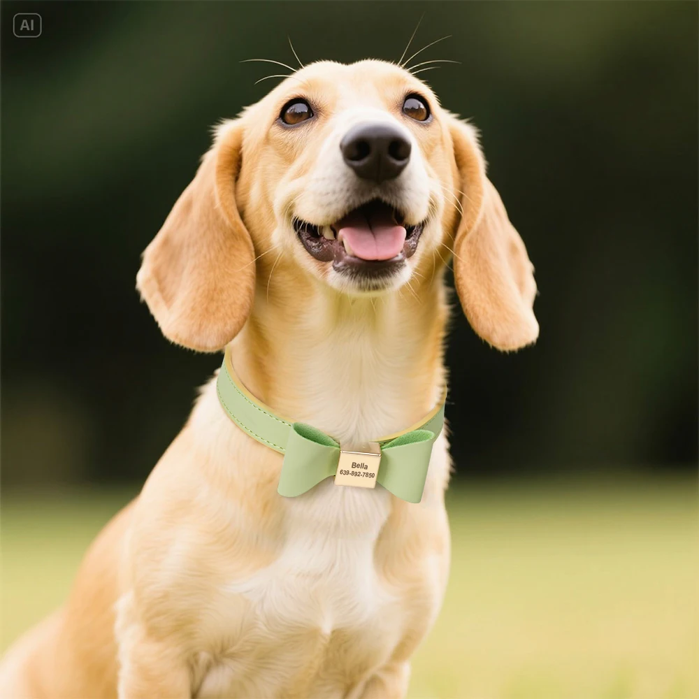 Collar de perro personalizado, collares de perro grabados con lazo bonito, Collar de cuero PU para cachorros y gatos, ajustable para perros pequeños, medianos y grandes - imagen 5
