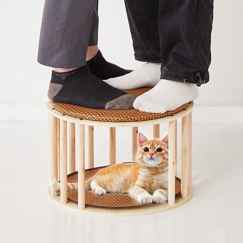 Wooden Cat Bed Mats Stool Shoe Changing Ottoman Cat Bed House Hiding Toys Luxury Kitten Beds All Seasons Indoor Pet Supplies - imagen 2