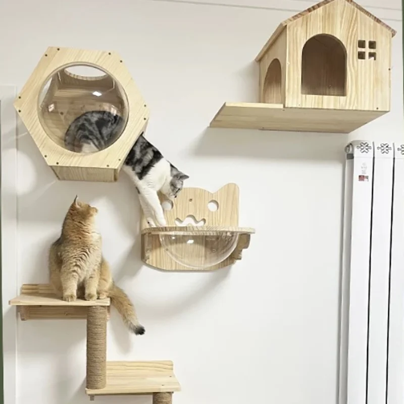 Centro de actividades para gatos montado en la pared de madera con tablero para rascar, hamaca y escaleras trepadoras, muebles de juego para escalar mascotas - imagen 2