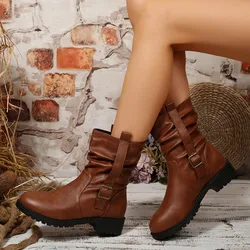 Botas de moto de estilo Retro para mujer, botines cortos ajustados a la moda para invierno y otoño, informales, con punta redonda y tacón medio
