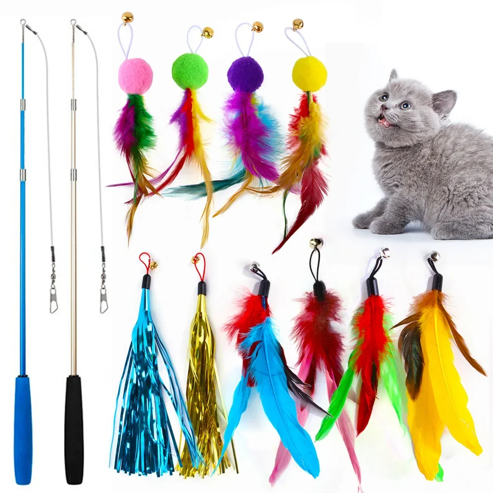 Three-section Fishing Rod Tassel Hair Ball Funny Cat 12-piece Set of Color Feather Replacement Head Cat Toys Interactive - imagen 5