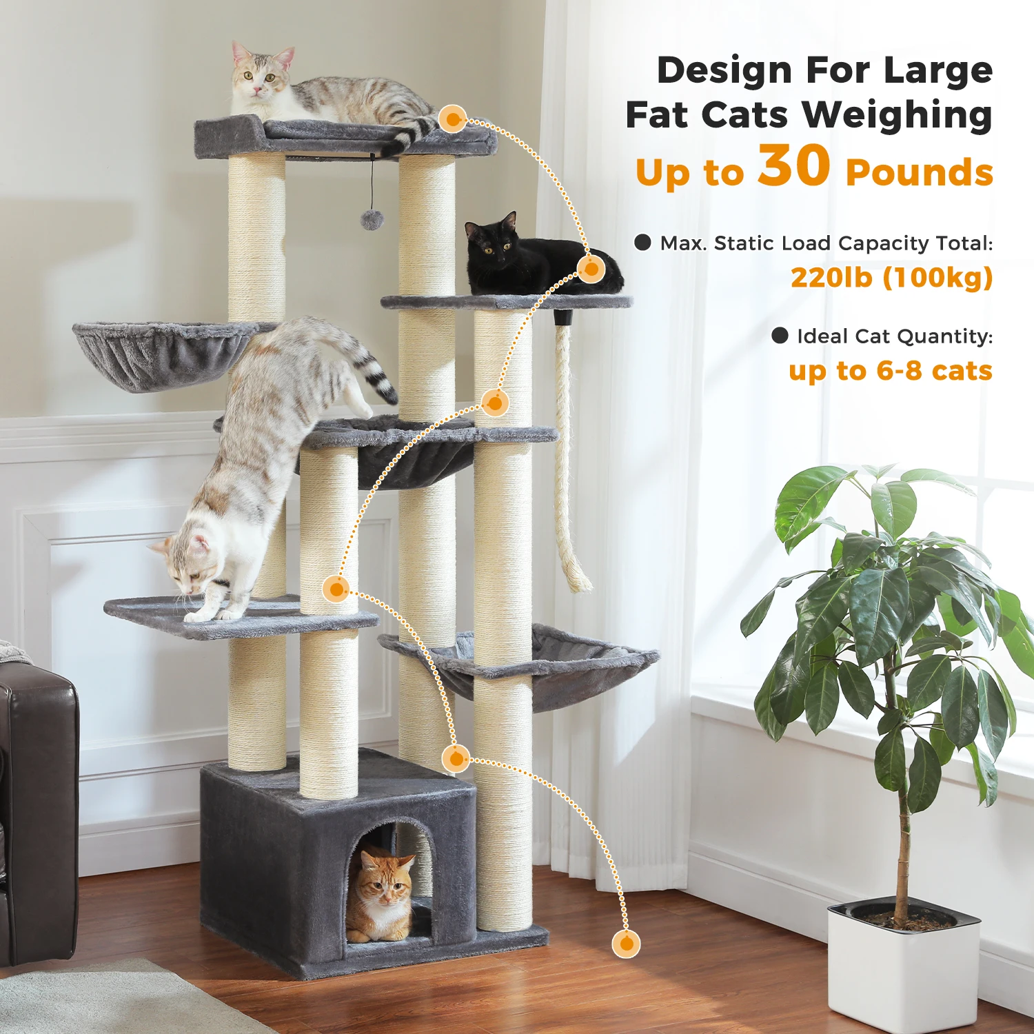 Árbol rascador alto para gatos de interior con postes de sisal gruesos - imagen 3
