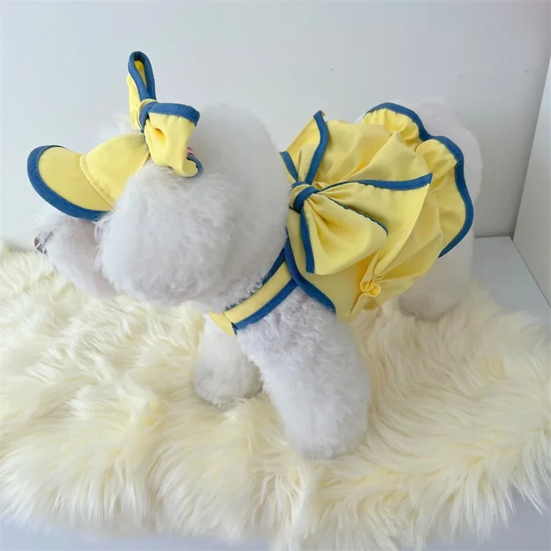 Vestido amarillo para mascotas, ropa de verano para perros, Teddy para gatos, ropa pequeña y fresca, camiseta sin mangas a la moda, sombrero para perros pequeños, falda para cachorros - imagen 3