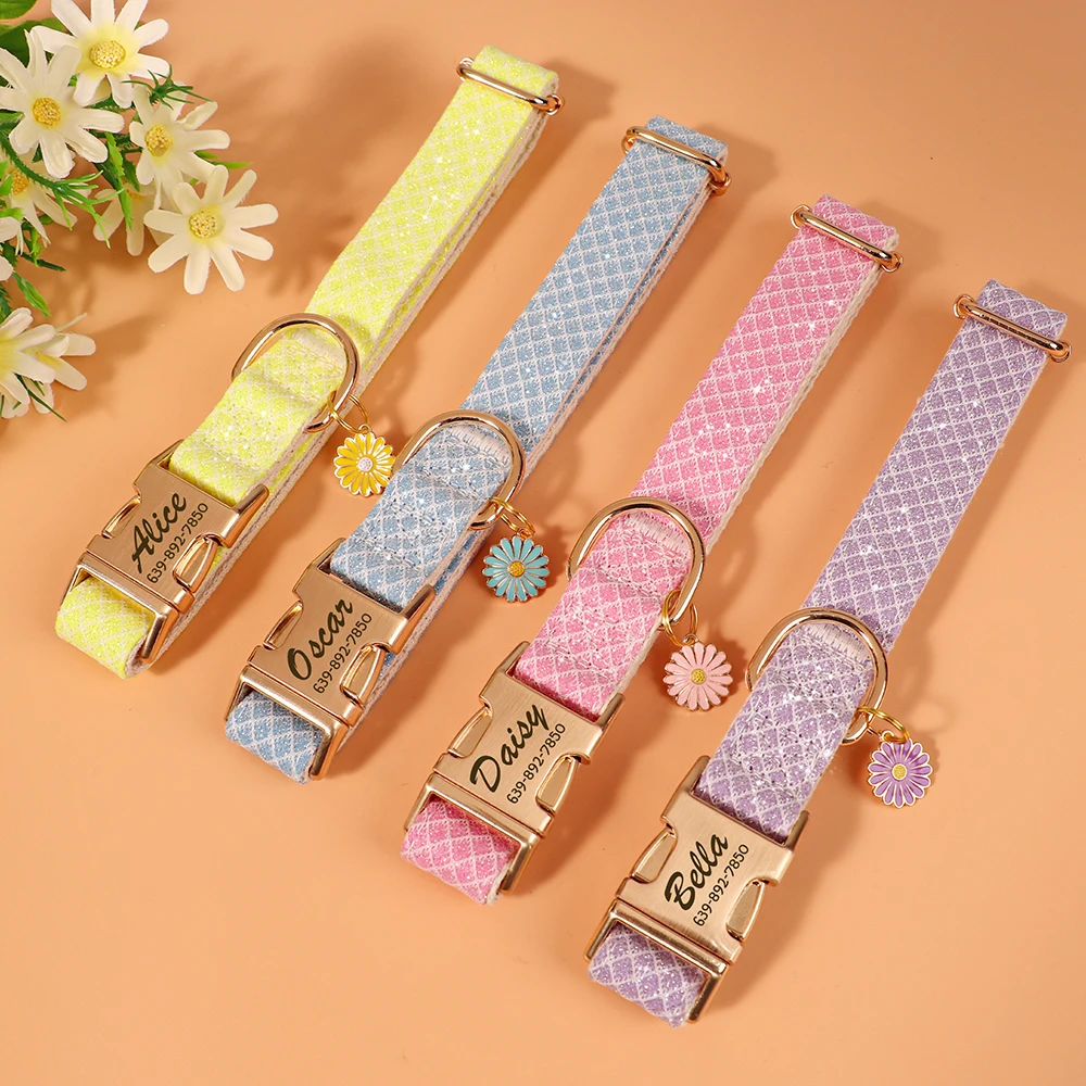 Collar de perro personalizado, Collar con hebilla para perro a cuadros ostentoso, accesorio colgante de flor bonito antipérdida para perros pequeños y medianos, gatos, color rosa - imagen 3