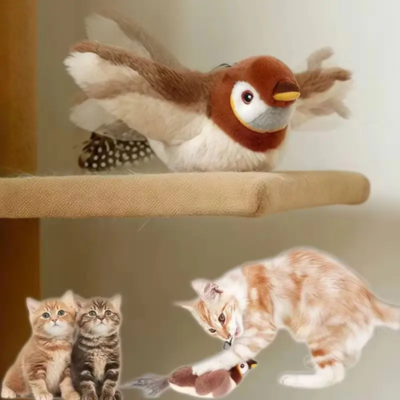 Juguetes interactivos para gatos, pájaro batido recargable con hierba gatera, perros de interior, gatos, juguete de peluche con chirrido activado por tacto para mascotas