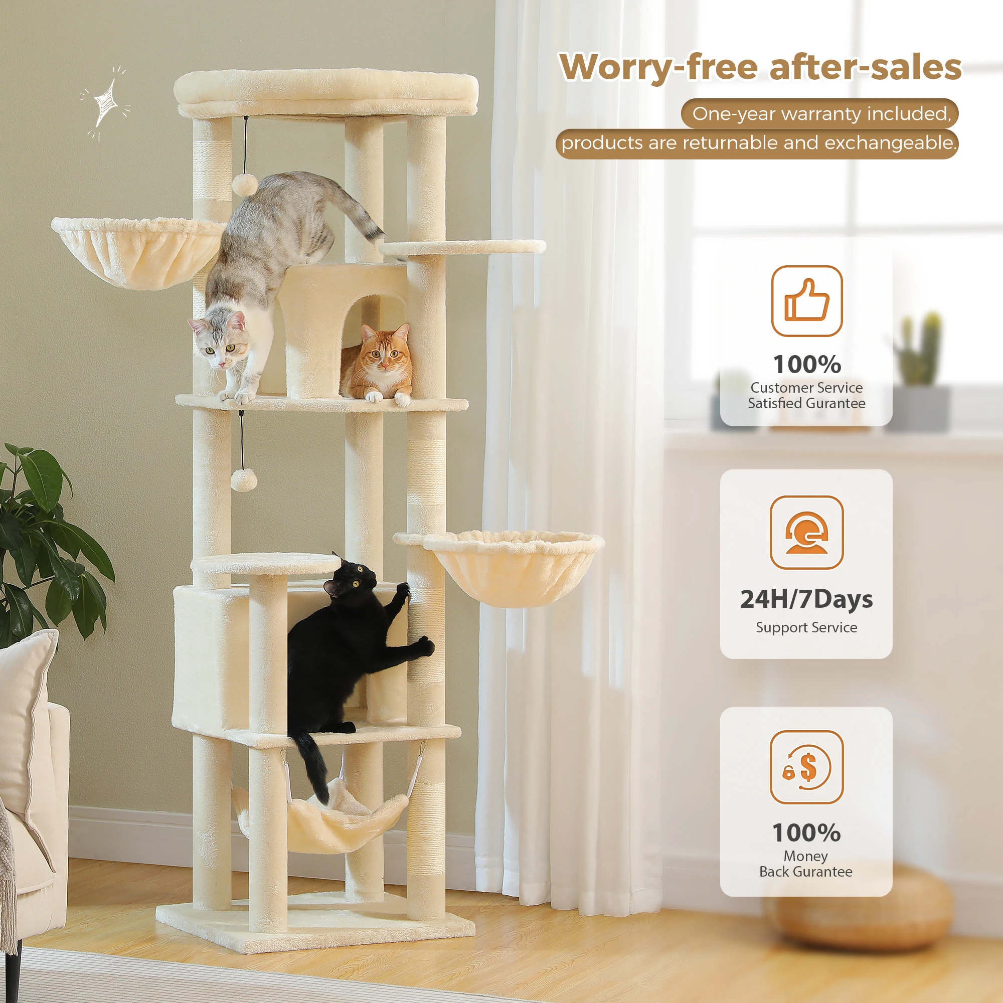 Árbol de lujo para gatos con postes rascadores de sisal, gran condominio, hamaca acogedora, torre de varios niveles para gatos de interior, rascaderos para gato, casa cama mullida para gatos, juguetes para gatos - imagen 3