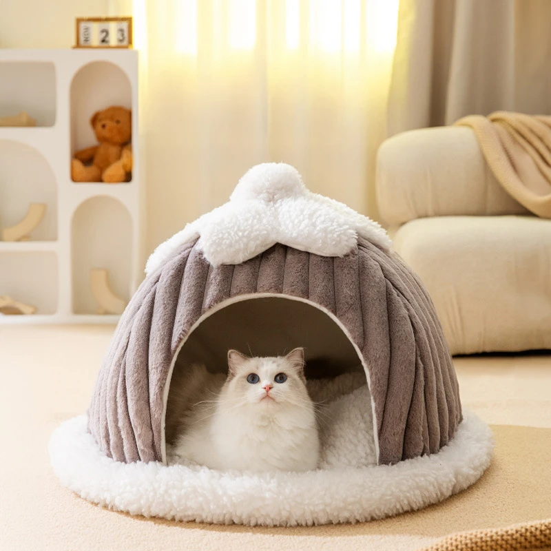 Nido cálido para gatos de invierno, cama suave de felpa para gatos, cama para dormir acogedora y cerrada para cachorros y gatos, cómoda casa para gatos cueva y gatitos - imagen 3