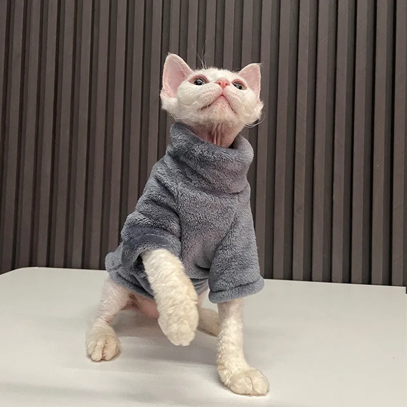 Ropa cálida de terciopelo Coral sin pelo para gatos, chaleco Sphynx de invierno, ropa de cuello alto para gatitos, disfraz para cachorros, accesorios para mascotas - imagen 5