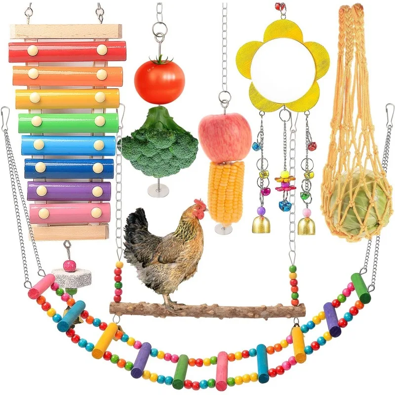 Juego de juguetes para pollo, campanas, cuerdas de frutas, espejo, mascota, gallo grande, escaleras, juguetes para pájaros