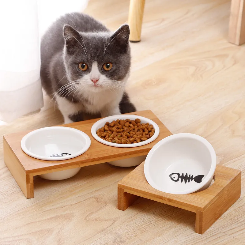 Cute Fishbone Cat Bowl Ceramic Pet Feeding Bowls with Bamboo Stand Single/Double/Three Cat Bowl Dog Feeders Pet Product - imagen 4