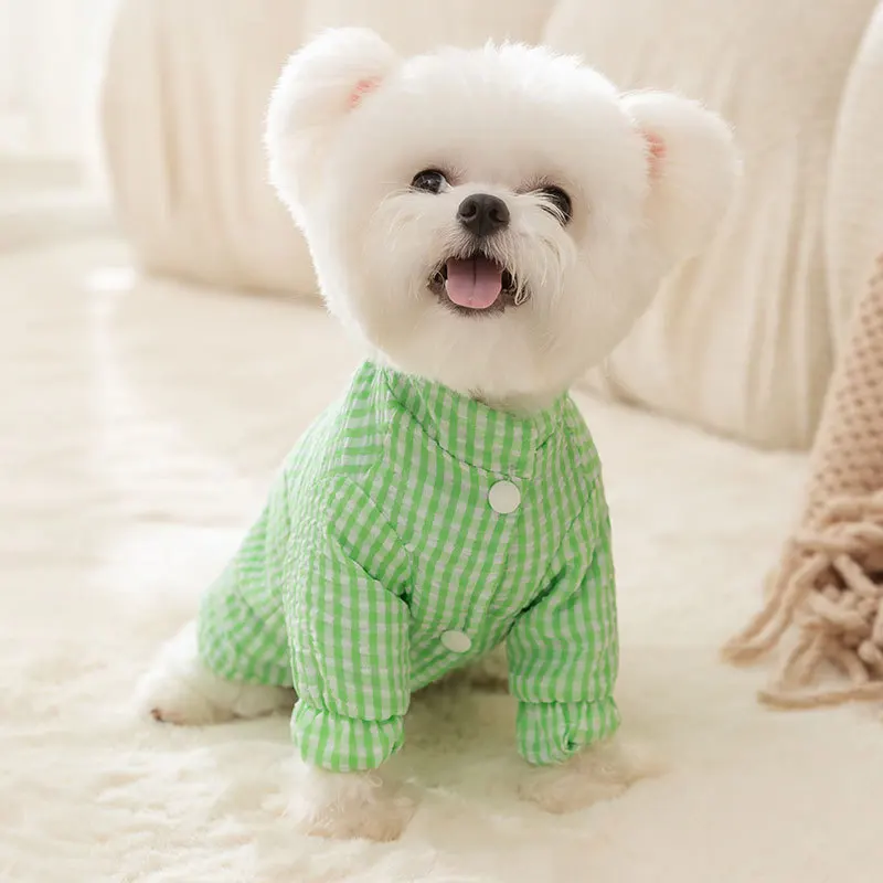 Abrigo de dos piernas a cuadros verdes para otoño/invierno para mascotas con pies gruesos y cálidos, ropa para perros de primavera/otoño, ropa para cachorros - imagen 2