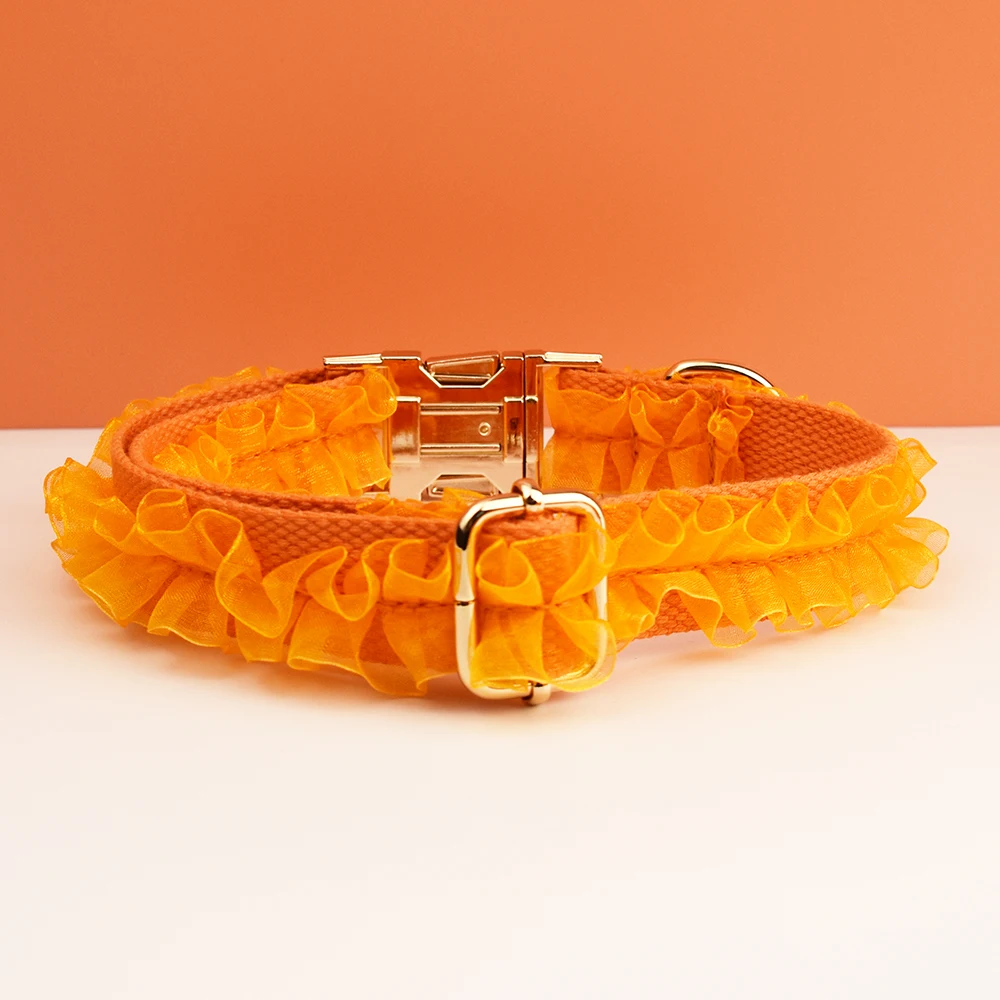 Collar de perro de encaje naranja grabado personalizado - Accesorios de lujo para perros PetHarness personalizados con placa de identificación para encaje de boda 04 - imagen 3