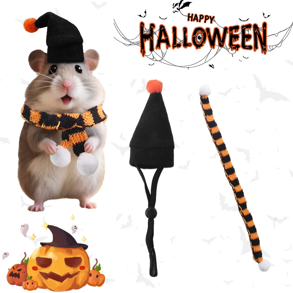 Conjunto de gorro y bufanda de hámster de punto para Halloween, Mini animales pequeños, disfraz de Halloween para mascotas, traje para fiesta de Navidad y vacaciones