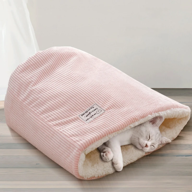 Cama de tela de terciopelo cálida para gatos, perros, invierno, otoño, cómoda, suave, tipo cubo de lana, saco de dormir azul para gatitos, casa para mascotas