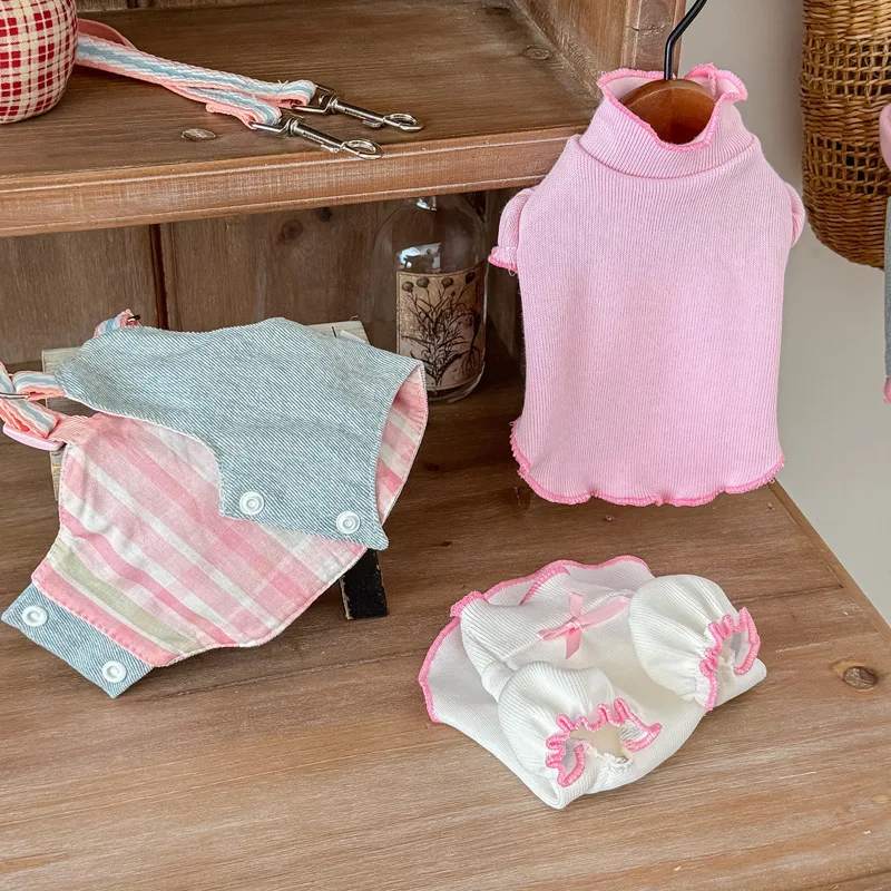 Ropa de invierno para mascotas, falda vaquera para cachorros + chaleco Floral de cuerda, ropa para gatos, camisa Base Floral transpirable, ropa para perros pequeños - imagen 4