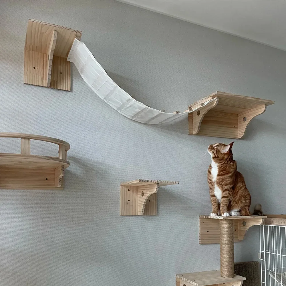 Marco de escalada para gatos, árbol de madera para gatos, hamaca, poste rascador, plataforma de salto con Pedal, muebles de pared para mascotas para interiores