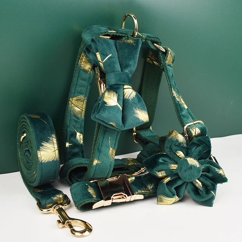 Juego de Collar y correa de terciopelo de plumas verdes para perros, placa de identificación grabada personalizada, suministros para mascotas, 25