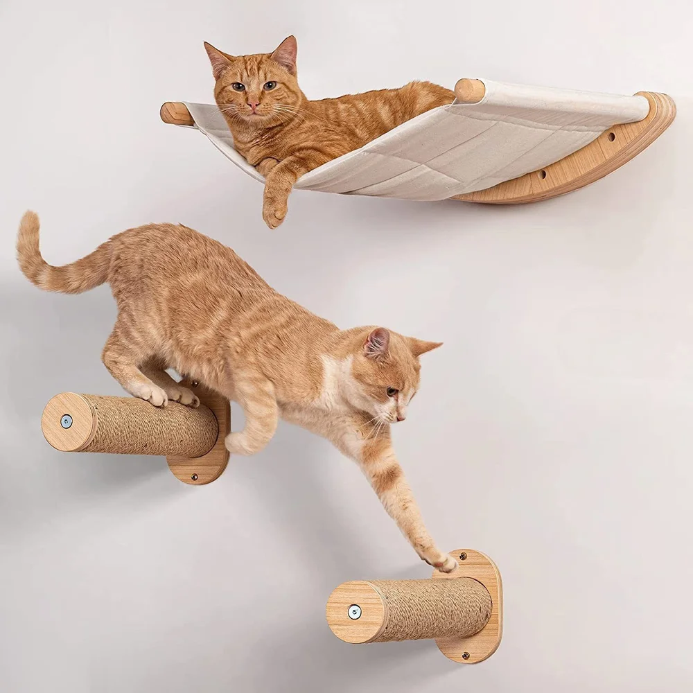 Estantes de pared para gatos con hamaca y escalones, percha montada y cama para gatitos, estantes de escalada para gatos, muebles de madera maciza para uso en interiores - imagen 2