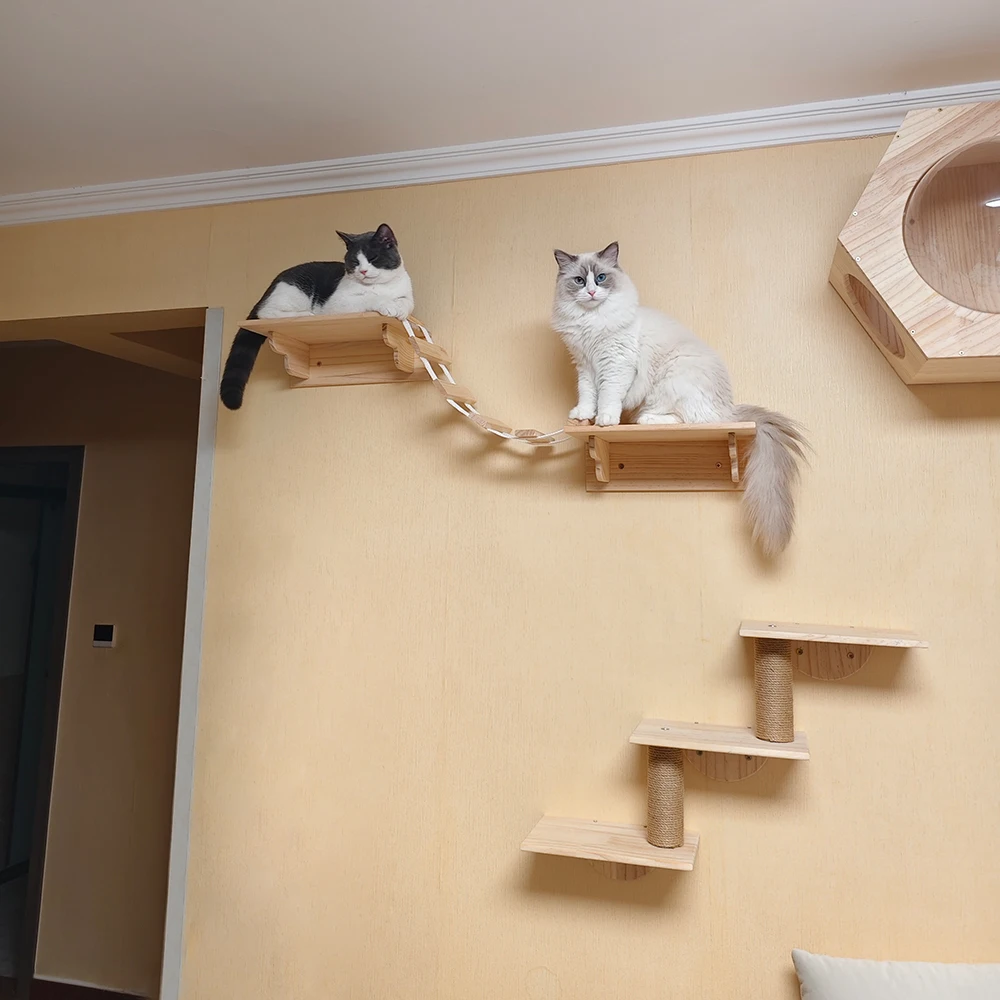 Estantes de pared para gatos con poste rascador de 4 escalones, cama tipo hamaca, muebles de escalada de madera para jugar en interiores, estante esquinero para escalar gatos - imagen 5