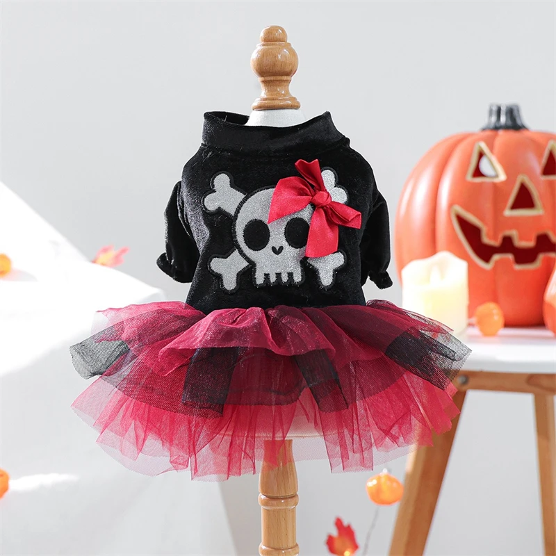 Gothic Halloween Skull Dresses for Girl Dog Layered Veils Red Pet Kitten One Piece Cosplay Pirate Festival Party York Dog Skirt