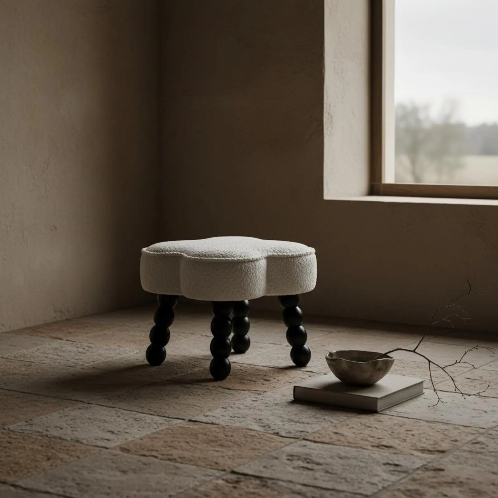 Taburete sherpa crema para gatos y perros con patas madera acolchado - imagen 2