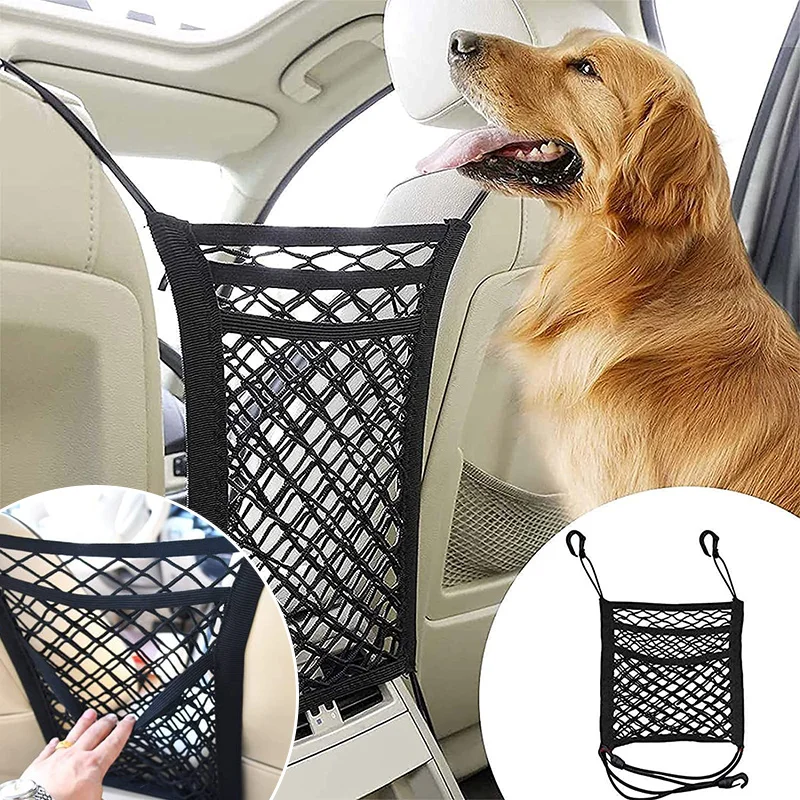 Barrera de red para coche para perros, barrera de seguridad de viaje para mascotas, portador de coche, valla de asiento trasero anticolisión para niños y mascotas con bolsa de almacenamiento