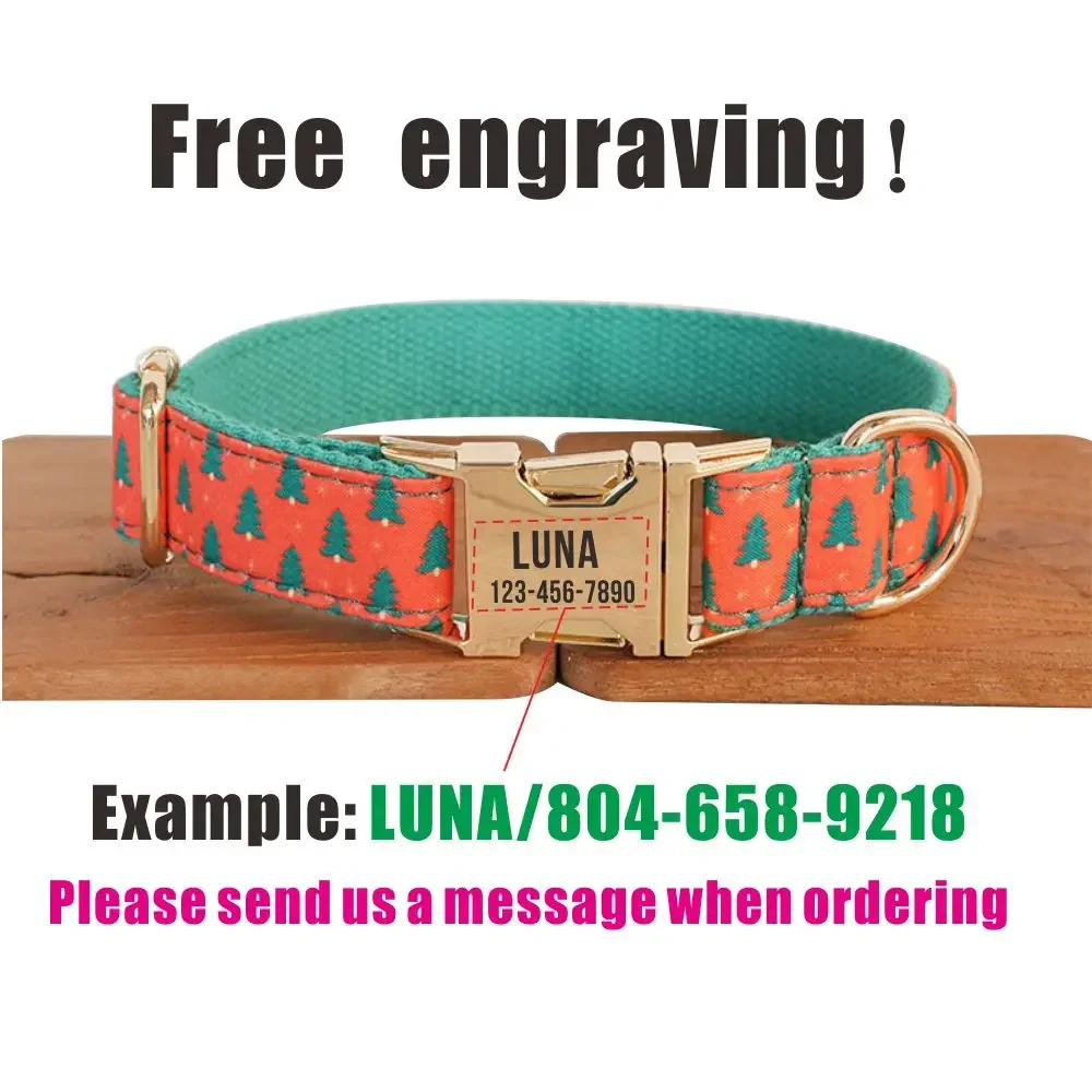 Collar de perro personalizado con grabado gratuito, correa para mascotas a juego, hebilla de Metal de contactos personalizados, Collar rojo de árbol de Navidad - imagen 4