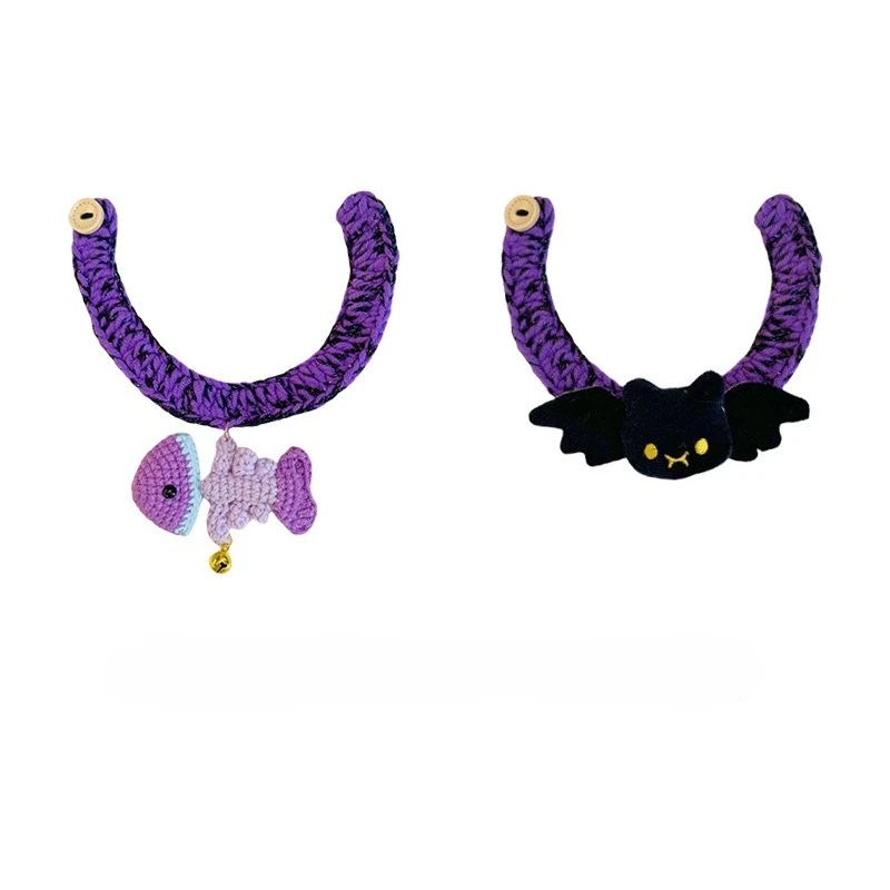 Collar de gato hecho a mano, colgante de murciélago de pescado de ganchillo, bufanda de punto púrpura para perros, Halloween