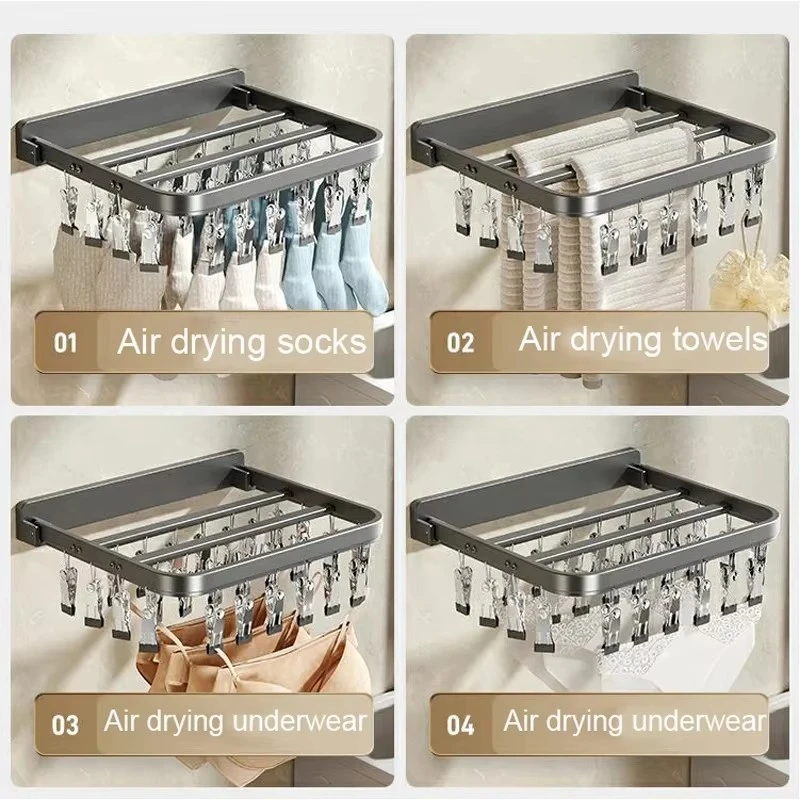 BEISHI-estante de secado de calcetines de aluminio plegable montado en la pared, Clips a prueba de viento, pinza para ropa, toalla, sujetador, colgador de ropa, accesorios de baño - imagen 4