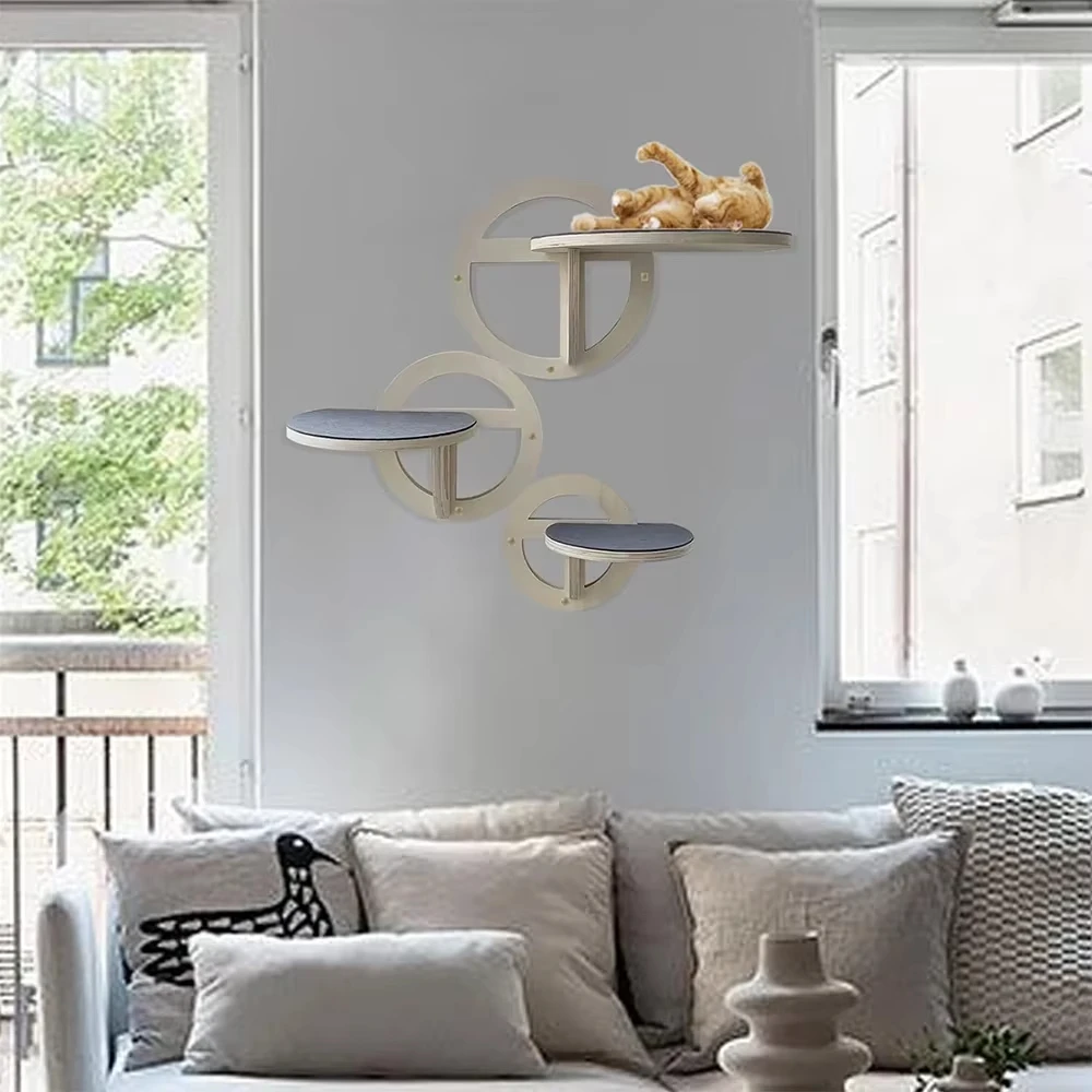 Estantes de pared circulares de madera resistentes para gatos, muebles de moda para gatos para descansar, explorar y jugar, punto montado en la pared para gatos de interior - imagen 4