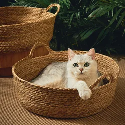 Cesta de mimbre tejida para gatos y perros – cama fresca cómoda