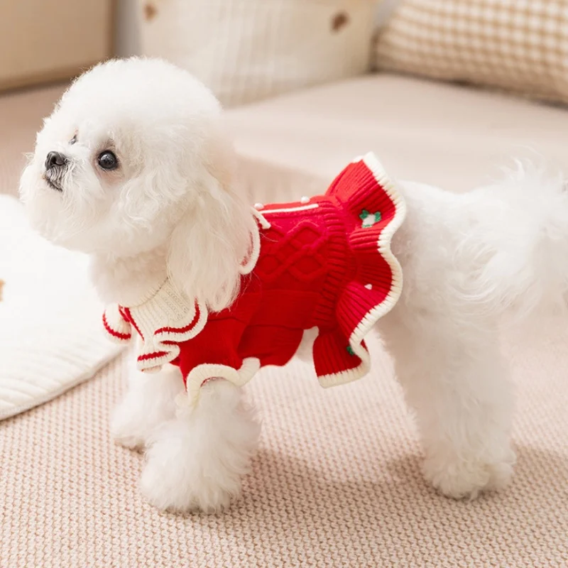 Ropa bonita para perros, falda de princesa cálida para invierno, vestido de punto suave para cachorros, suéter con estampado de flores para gatos, vestido para mascotas, disfraz de caniche