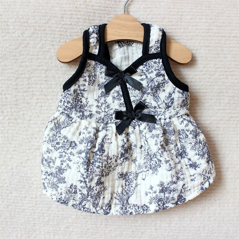 Vestidos de verano de algodón antiguo para cachorros, cuello en V, estampado de tinta, ropa para perros pequeños y medianos, chaleco con pajarita Floral, vestidos transpirables para gatitos