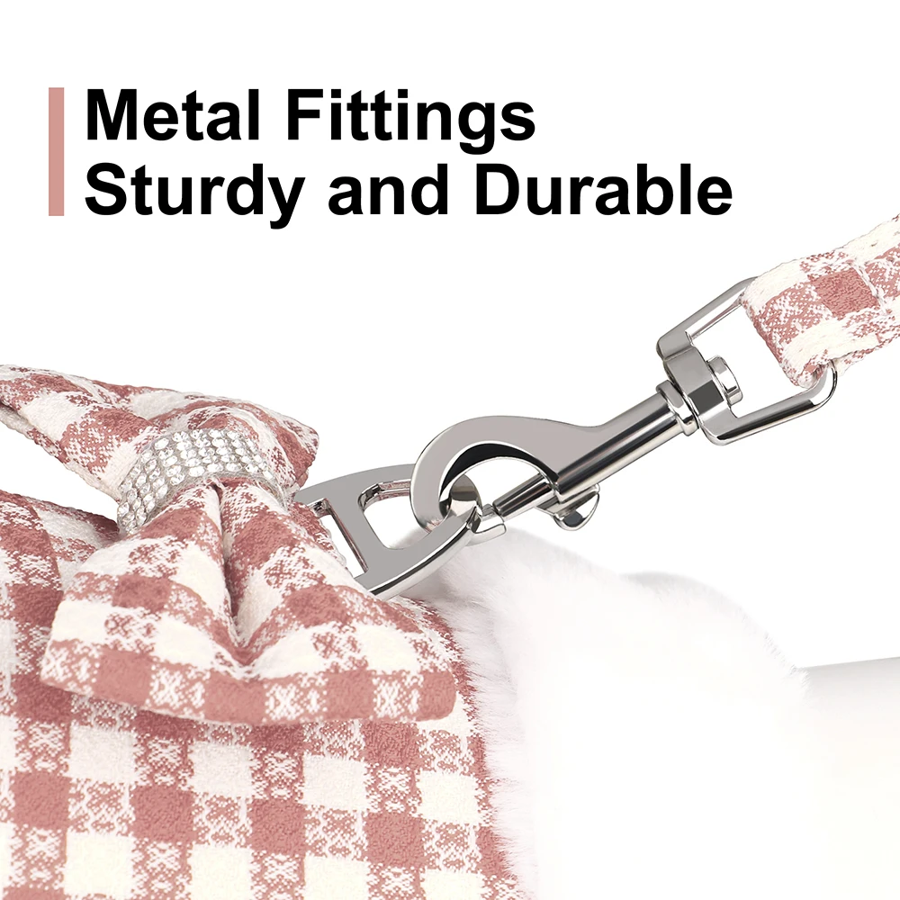 Arnés de perro suave y cálido, conjunto de correas, arneses para perros a cuadros con Cuello de piel extraíble, bonito chaleco con lazo para mascotas, plomo duradero para perros de invierno - imagen 3