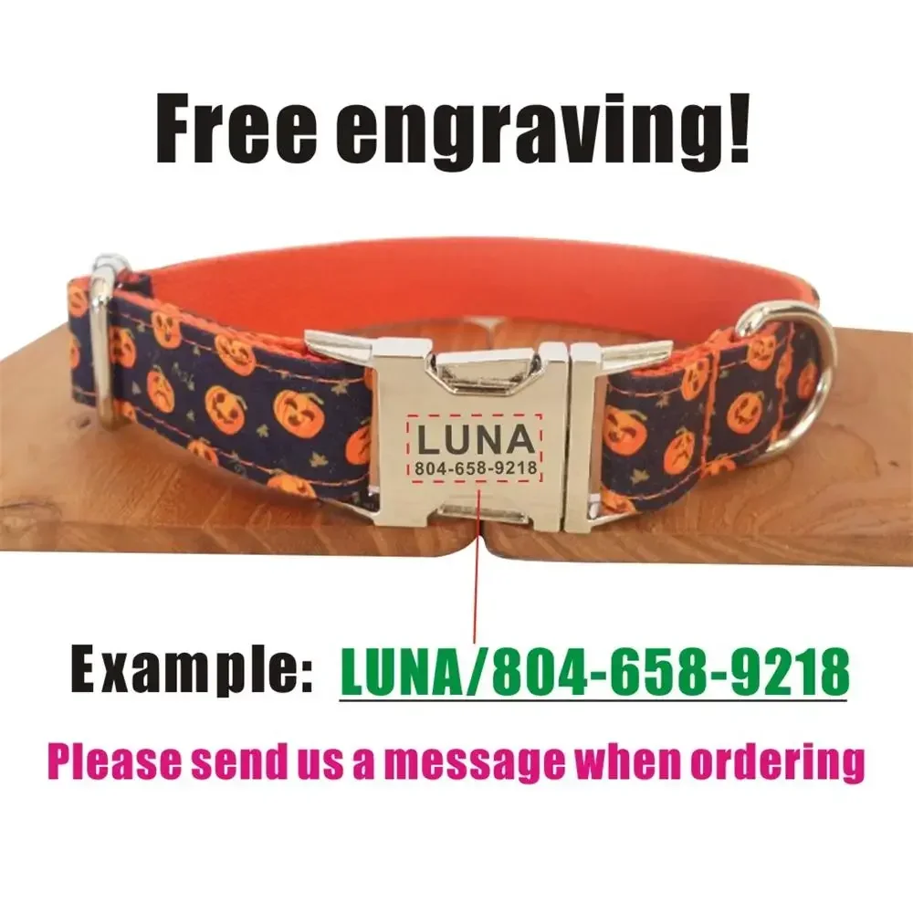 Collar de perro personalizado con grabado gratuito, correa para mascotas a juego, hebilla de contactos personalizados, Collar para mascotas de calabazas moradas y naranjas - imagen 4