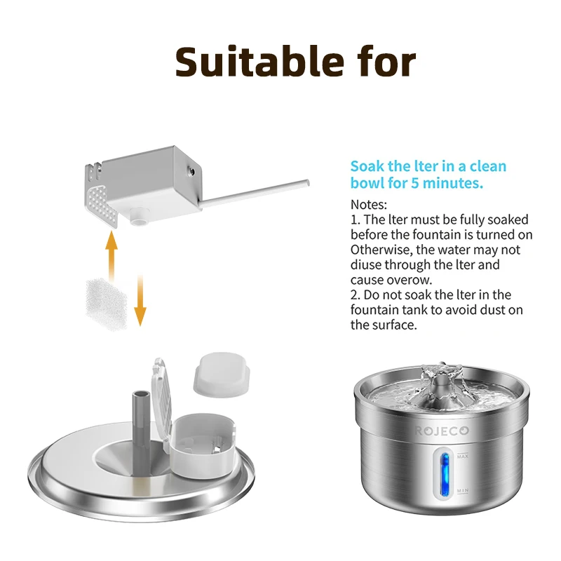 ROJECO filtro de fuente de agua reemplazable para filtros de futura de agua para gatos de acero inoxidable de 2L bebederos para gatos filtro purificador de agua para mascotas - imagen 5