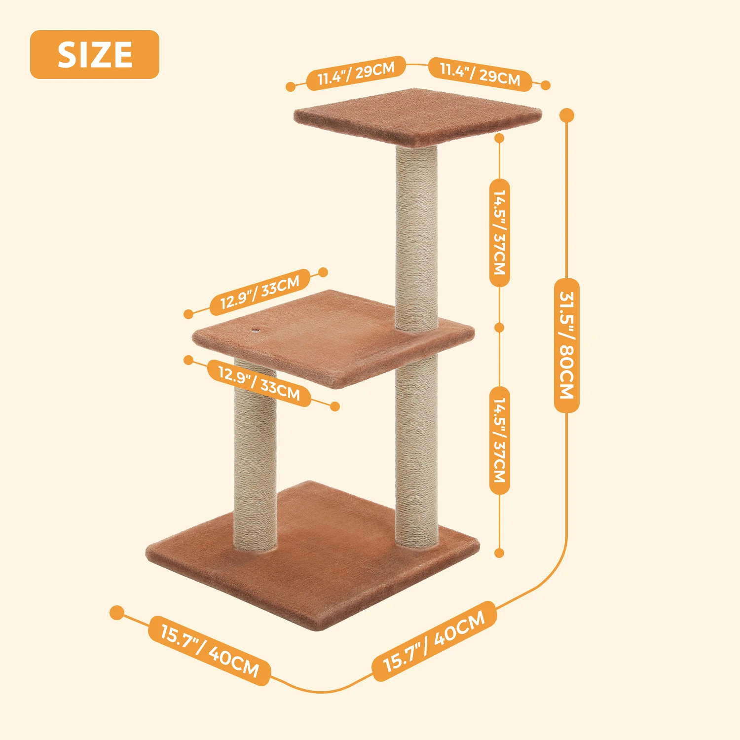 Árbol para gatos de 80 cm, torre para gatos de varios niveles con 3 postes para rascar y base estable para árbol para gatos, adecuado para 1-2 gatos de interior, gris, marrón