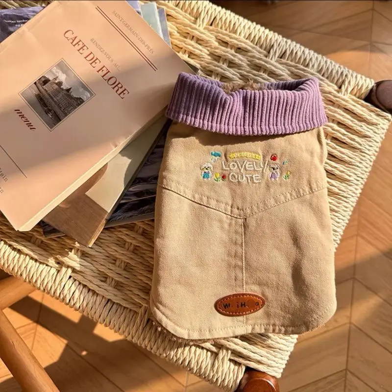 Chaqueta vaquera bordada de otoño e invierno para mascotas, chaleco vaquero para gatos, chaleco cálido y de felpa para otoño e invierno, ropa para cachorros - imagen 3