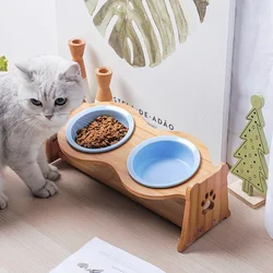 Cuenco cerámico elevado con base de bambú para gatos
