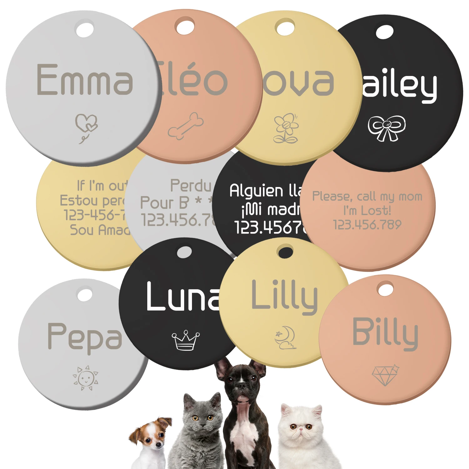 Etiqueta de identificación circular para mascotas, etiquetas de dirección personalizadas para perros, placa con nombre antipérdida para cachorros, etiqueta colgante personalizada para gatos, suministros para mascotas