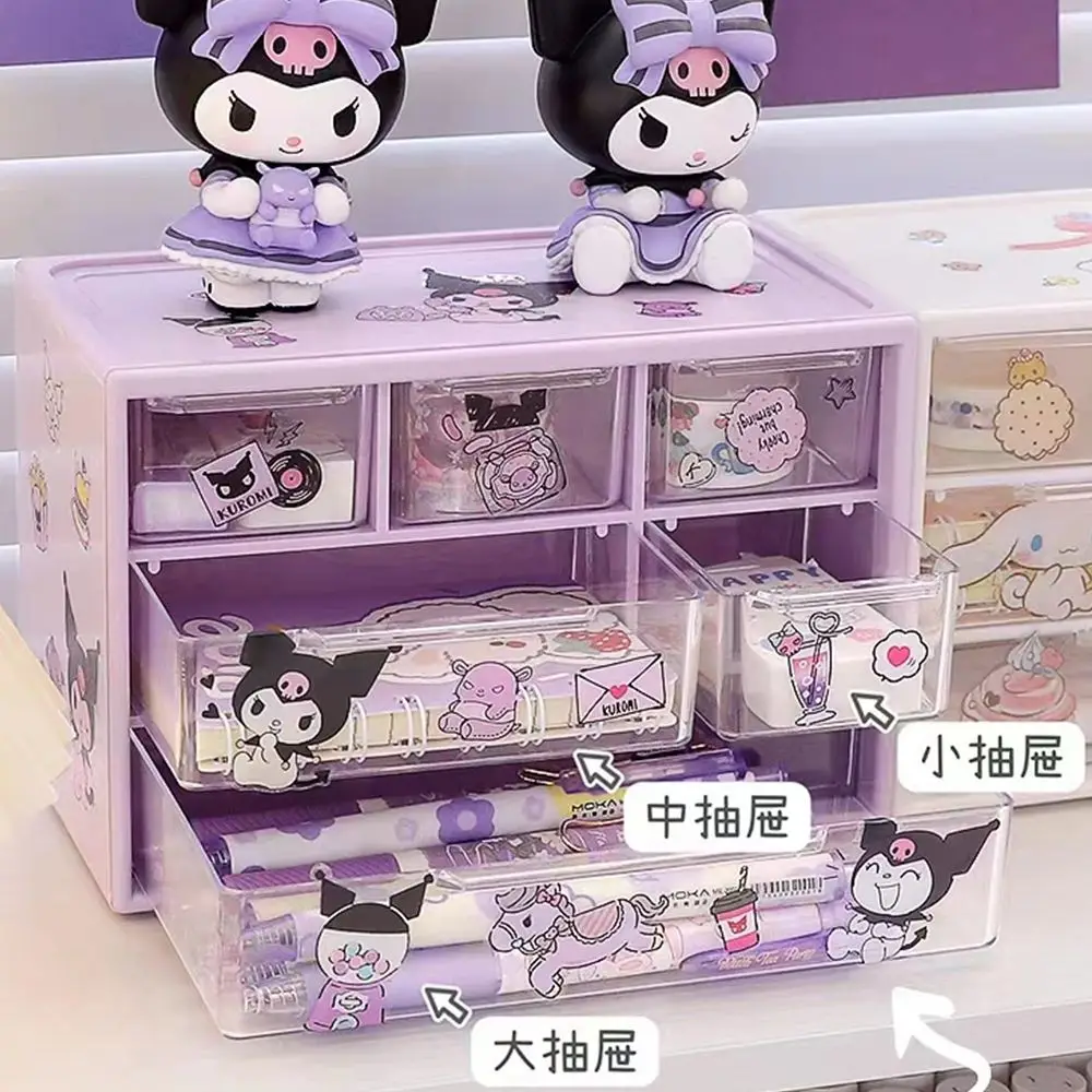 Sanrio-caja de almacenamiento de 6 rejillas, organizador transparente tipo cajón de escritorio, soporte para bolígrafo, enviar pegatinas de Cinnamoroll de melodía Kuromi - imagen 2