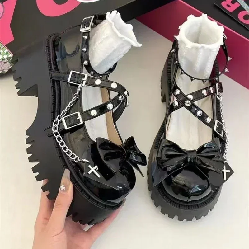 Zapatos Mary Jane Lolita para mujer, tacones altos con envoltura en el tobillo, zapatos de tacón con plataforma, pajarita, remache, cadena, tacón cuadrado, hebilla, zapatos con correa - imagen 3