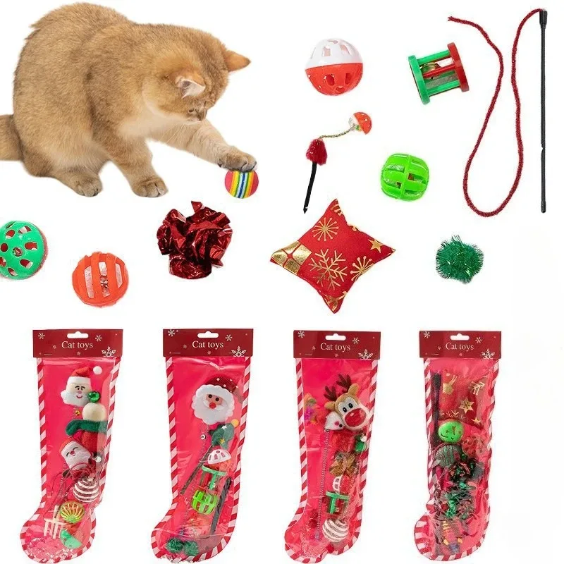 Nuevo juego de juguetes navideños para gatos para mascotas, caja de regalo interactiva con combinación de campanas, calcetín navideño y palo de juguete con diseño de alces adecuado - imagen 2