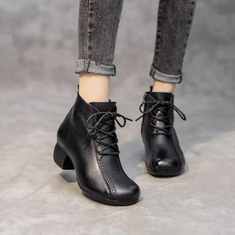 Botas cortas Retro para mujer, zapatos de mamá con forro polar y tacón medio de fondo suave para primavera y otoño, botines de goma hasta el tobillo