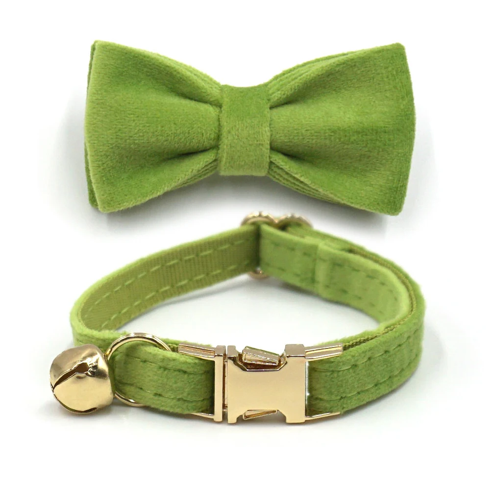 Collar de terciopelo grueso verde Matcha para gatos, Collar de gato con nombre personalizado y Bukcles de Metal, Collar ajustable con bonito lazo para cachorro